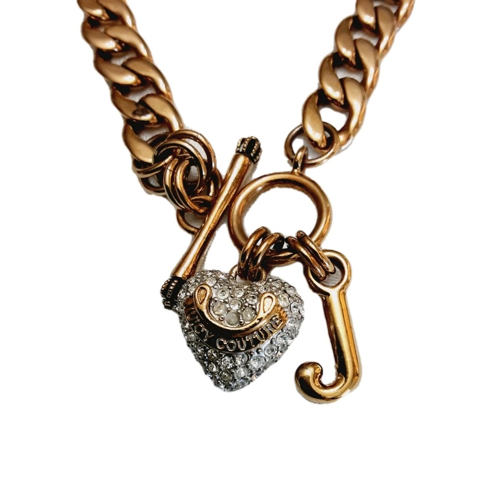 Juicy Couture Y2K Choker Necklace Gold Tone Chain Link Toggle Rhinestone Heart